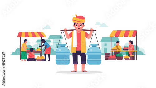 Water Carrier Amidst the Marketplace: A diligent water carrier navigates a vibrant marketplace, laden with essential supplies, representing hard work, trade, and the spirit of community life.