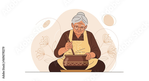 Senior Cook Conjuring Culinary Creations In A Calming Kitchen Cookery Scene