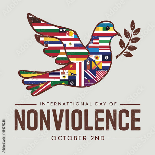 Vector art of international day of nonviolence on october 2nd represented by a dove made of national flags, symbolizing global unity and peace