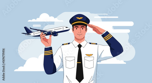 Pilot in Uniform With Airplane in Hand Saluting in the Sky, Illustrative Design