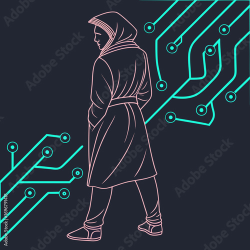 Vector art of woman in hijab with digital circuit design on dark background
