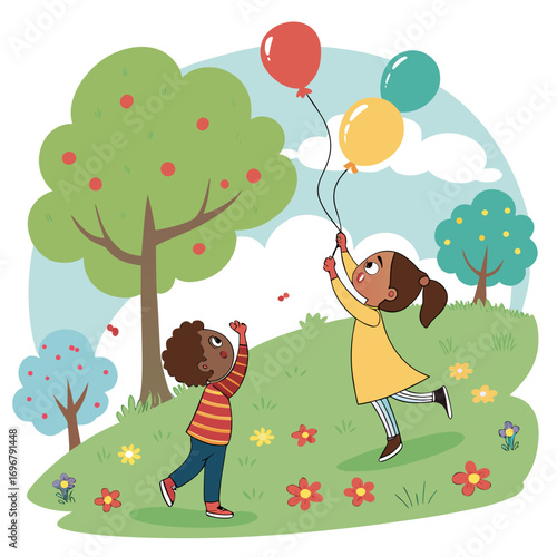 Two happy children playing with colorful balloons in a sunny park with trees and flowers