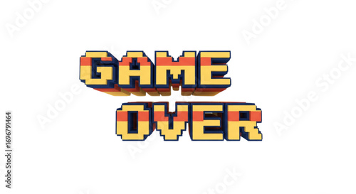 Vibrant retro pixel art GAME OVER text with a cool 3D effect on a clean white background, classic arcade video game style message.