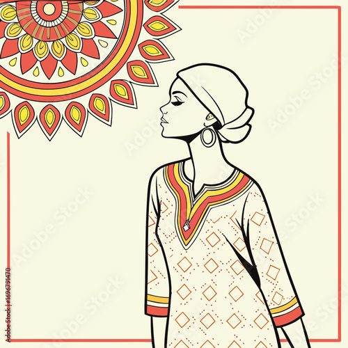 Vector art of woman in traditional indian dress looks at mandala illustration