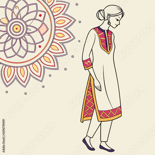 Vector art of woman in traditional indian dress walks past mandala design art