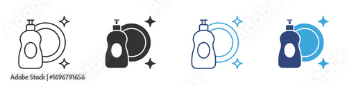 Washing dishes icon set in outline and flat style , Dishwashing Icon, vector illustration. 