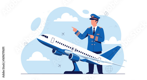 Pilot Standing Beside Airplane Model Pointing Towards Sky With Clouds and Travel Elements