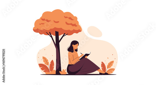 Serene Moment: Artist Writing Under a Tree, Reflecting and Jotting Down Thoughts