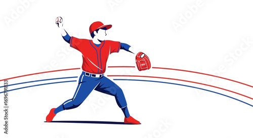 Pitcher Preparing To Hurl Baseball, Energetic Motion Depicted Against White Scenery