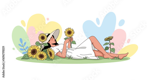 Serene Moment: Woman Reclining Among Sunflowers Enjoying The Tranquility And Peace
