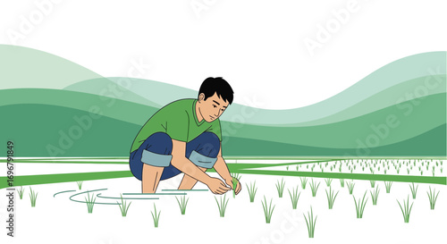 Planting Rice: An Illustrative Scene of a Farmer's Hard Work and Agricultural Landscape