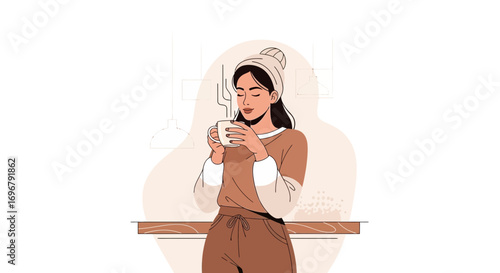 Serene Moment: Woman Embracing a Steaming Beverage Comfort in Cozy Environment