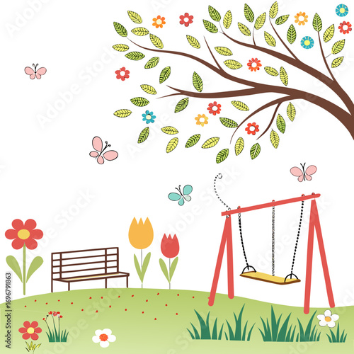 Whimsical cartoon park scene with a swing set bench flowers and butterflies under a tree