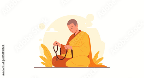 Serene Monk Meditating with Beads, Symbolic of Peace, Tranquility and Mindfulness