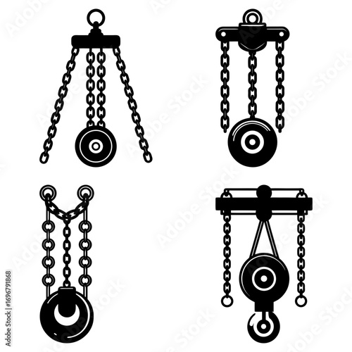 Illustration showing a collection of four different chain hoist pulley systems in black and white style
