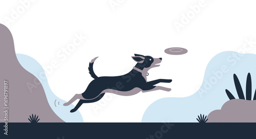 Playful Canine Chasing Flying Disc in Park, Joyful Moments of Exercise