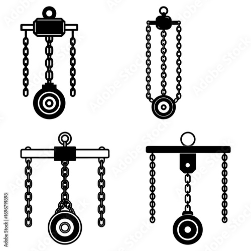 A set of four black and white illustrations depicting different types of chain hoists and lifting mechanisms