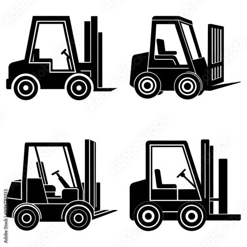 Four forklift trucks in black silhouette with different designs and orientations on a white background