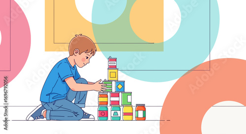 Playful Child Building A Tower With Cans Illustrating Creative Construction And Cognitive