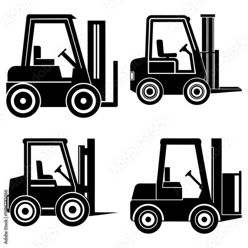 Four black forklift truck icons arranged in a square formation on a white background showing different views