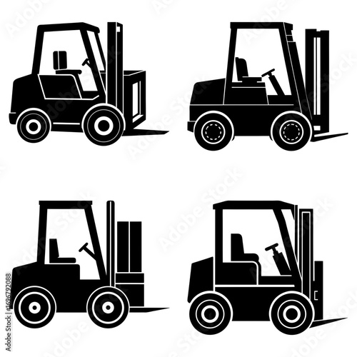 Four forklift trucks in silhouette with different designs and configurations in black and white style