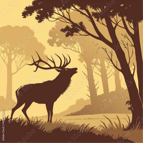 Stag with open mouth and antlers looking up in a misty forest setting deer animal