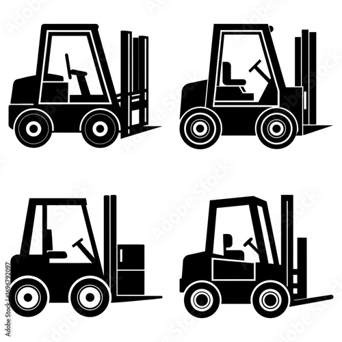 Four black forklift illustrations in various positions on a white background display material handling equipment