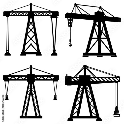 Silhouette illustration of four construction cranes in various styles and orientations on a white background