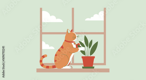 Playful Feline Investigates Potted Plant Near Window with Charming Illustration