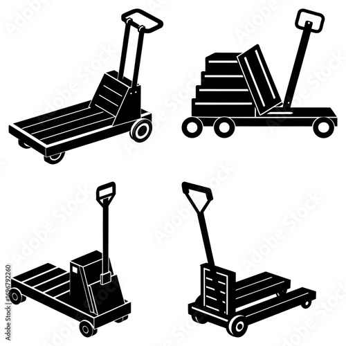 Illustration showcasing four distinct hand pallet trucks in black and white silhouette style display layout