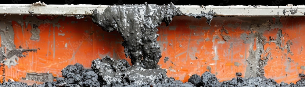 Fototapeta premium A close-up view of wet concrete spilling over an orange surface, showcasing texture and color contrast in a construction context.
