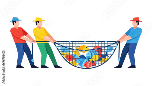 Collective Harvest: Three figures collaborate to haul a net brimming with a colorful variety of fish, illustrating a shared endeavor in a vibrant, flat illustration.