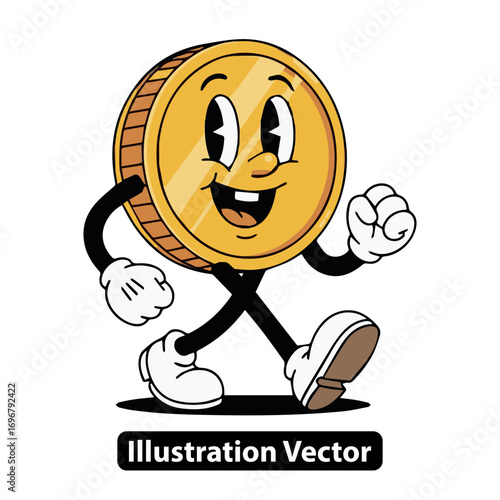 Joyful walking stack of money character with a smiling face in a vintage retro cartoon style