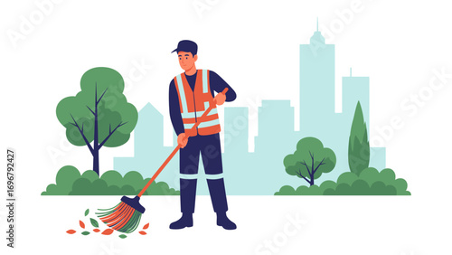 City worker cleaning the road: A diligent city worker sweeps fallen leaves from a pathway in a pristine environment, showcasing dedication to urban cleanliness and community care. 
