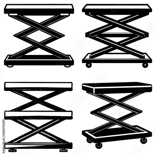 Four scissor lift platforms in black and white with varying heights and wheel configurations seen clearly
