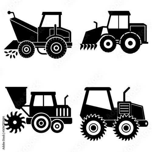 Four black and white tractors with different attachments for agricultural work are displayed here nicely