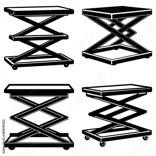 Four black and white scissor lift tables in various heights on a white background illustration style
