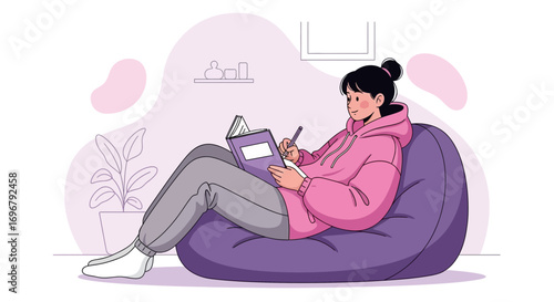 Serene Young Woman Enjoying Journaling Session While Comfortably Relaxing Indoors