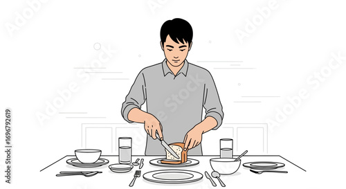 Preparing Food: A Man, Knife, Bread, and Table Setting, Digital Illustration Artwork