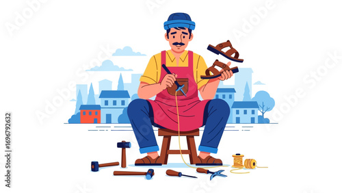 Crafting Excellence: An artisan passionately working on crafting intricate footwear within a cozy workspace, a testament to artisanal skill and dedication.