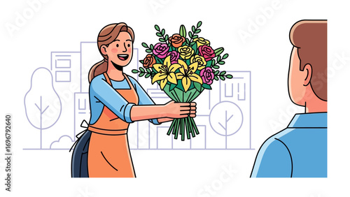 Florist and Customer: A charming illustration depicts a florist presenting a vibrant bouquet to a customer, symbolizing gift-giving and appreciation against the backdrop of a urban landscape.