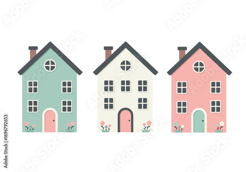 Collection of three whimsical houses in pastel colors, isolated on white background, each with unique design and playful charm for a delightful scene