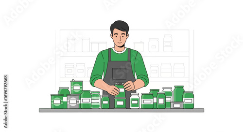 Shopkeeper Carefully Arranges Various Canned Goods on a Shelf in a Well-Stocked Store