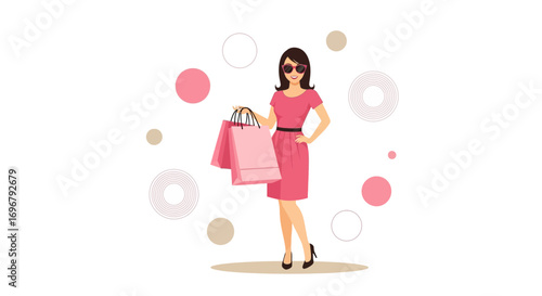 Shopping Diva: Elegant Woman with Bags of Purchases Amidst Pink Bubbles Design