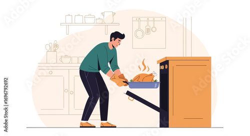 Preparing Savory Roast: Adding Juicy Roasted Chicken Into The Kitchen Oven