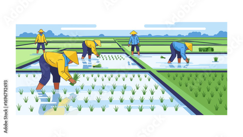 Harvest Season: A depiction of a serene landscape shows farmers tending rice paddies, meticulously planting young rice plants in flooded fields. Each figure is absorbed in the labor-intensive process.