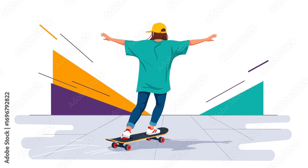 Obraz premium Skateboarder Balancing, Displaying Balance And Confidence Against Animated Geometrical Backdrops