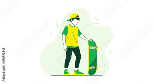 Skateboarder Holding the Board in Graphic Illustration Green and Yellow Tones