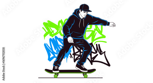 Skateboarder in Urban Attire Executing a Stance with Colored Graffiti Background