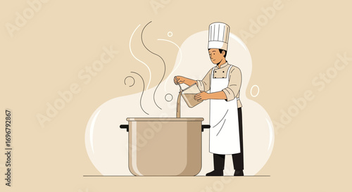Professional Chef Adding Ingredients to a Pot Preparing a Culinary Masterpiece Skillfully